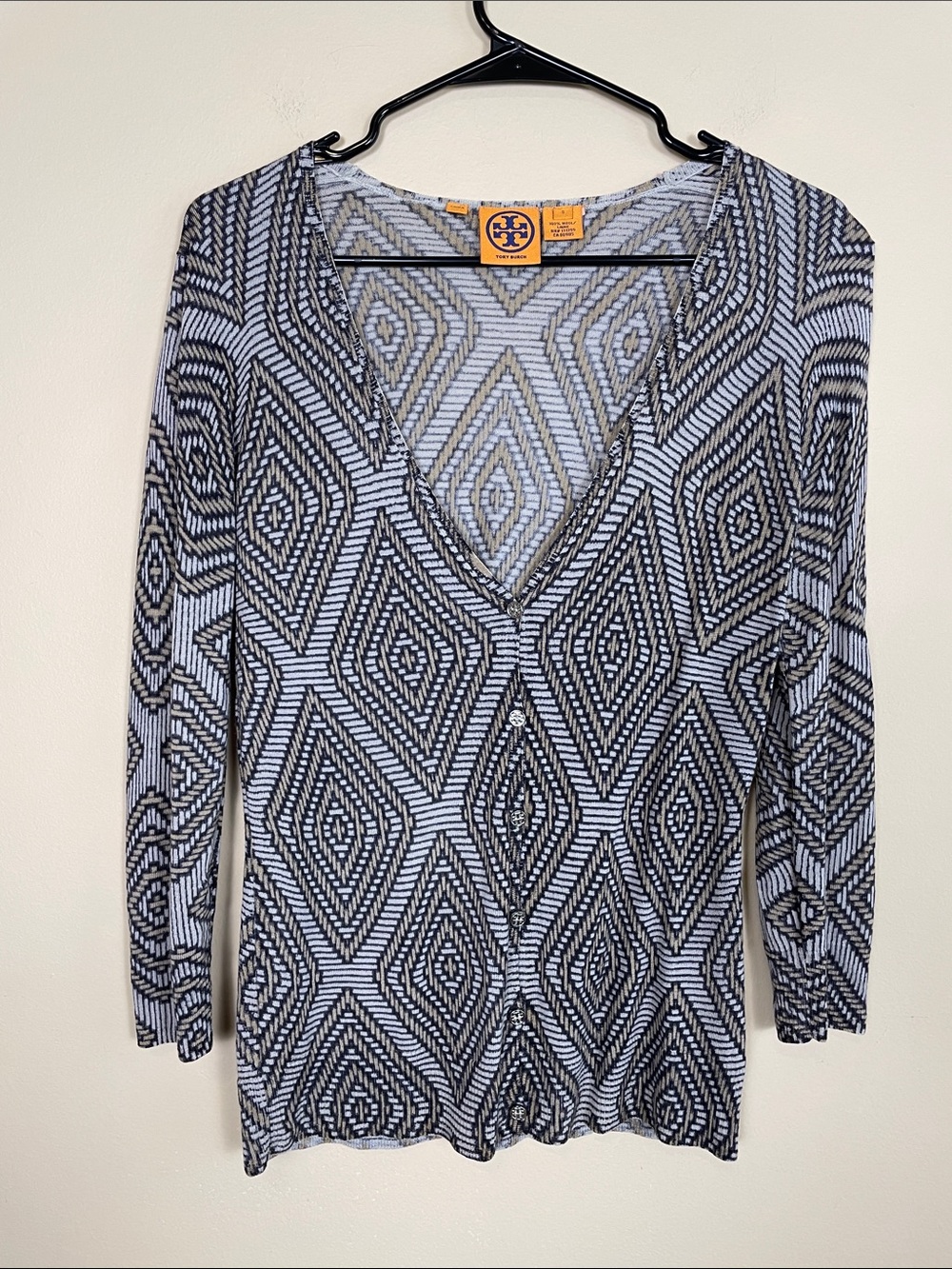 Tory Burch Women’s Wool Geometric Print Multicolor V-Neck Cardigan Sweater